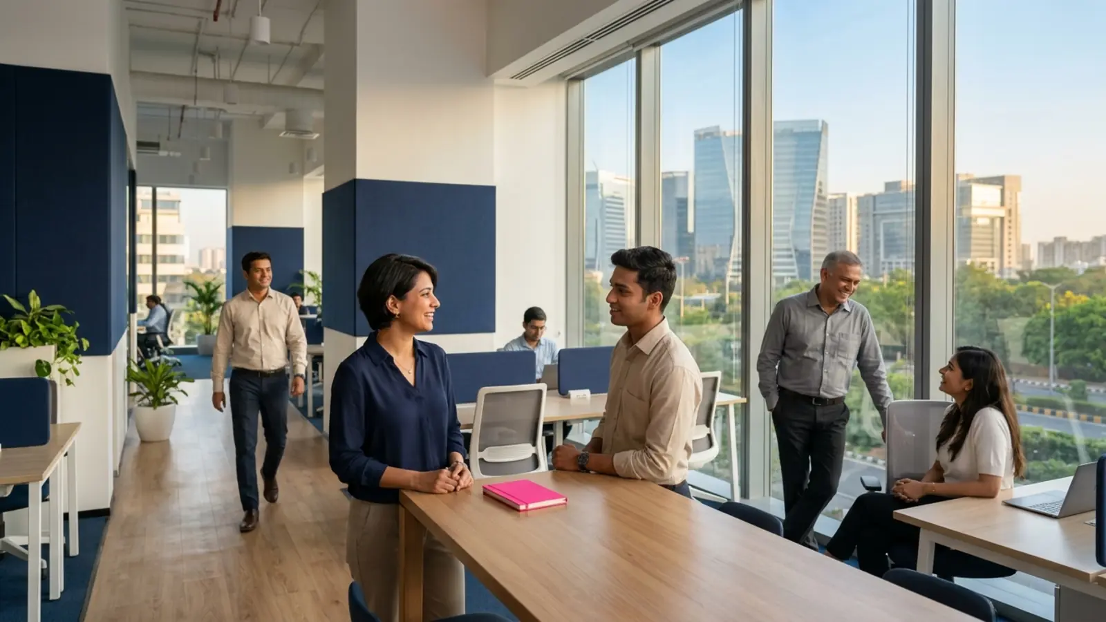 A modern glass office building at golden hour