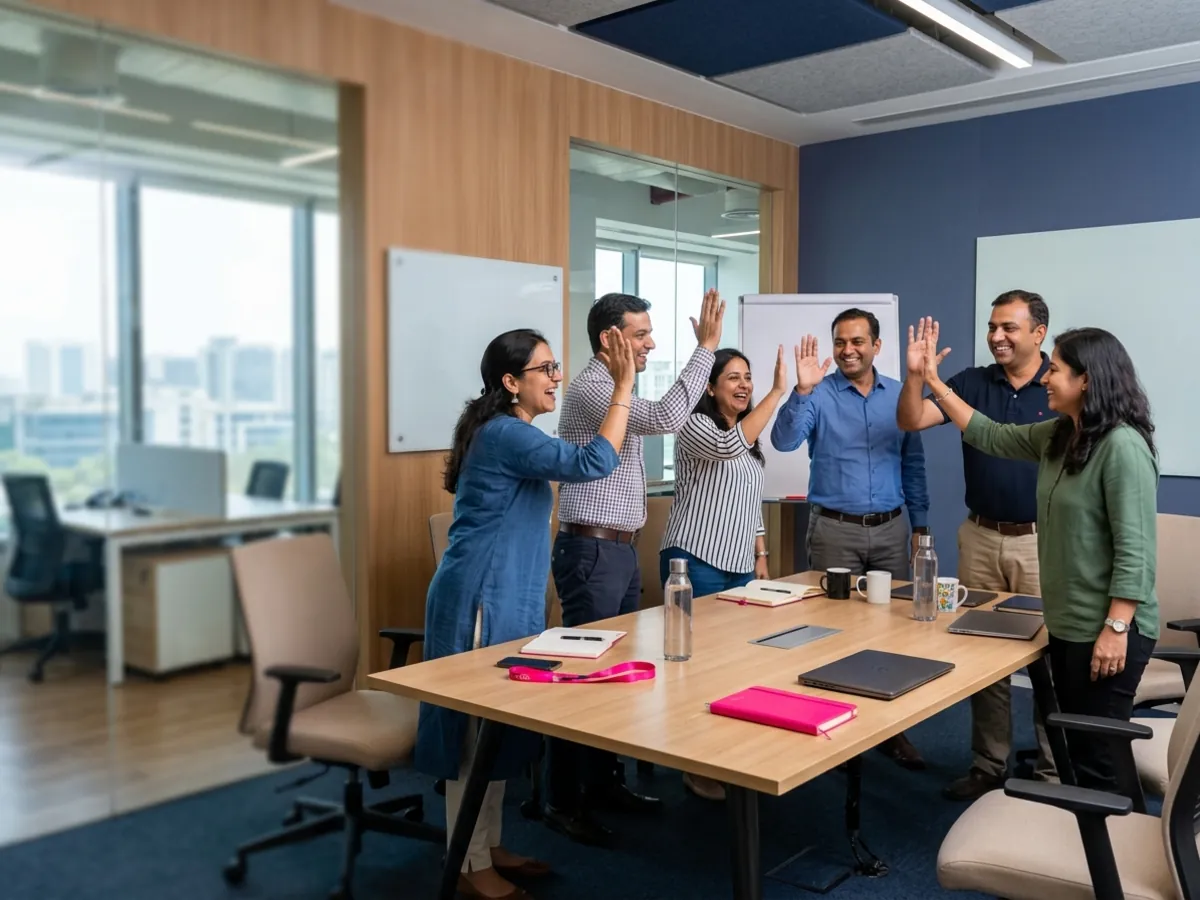 A team celebrates finishing a project in a meeting room