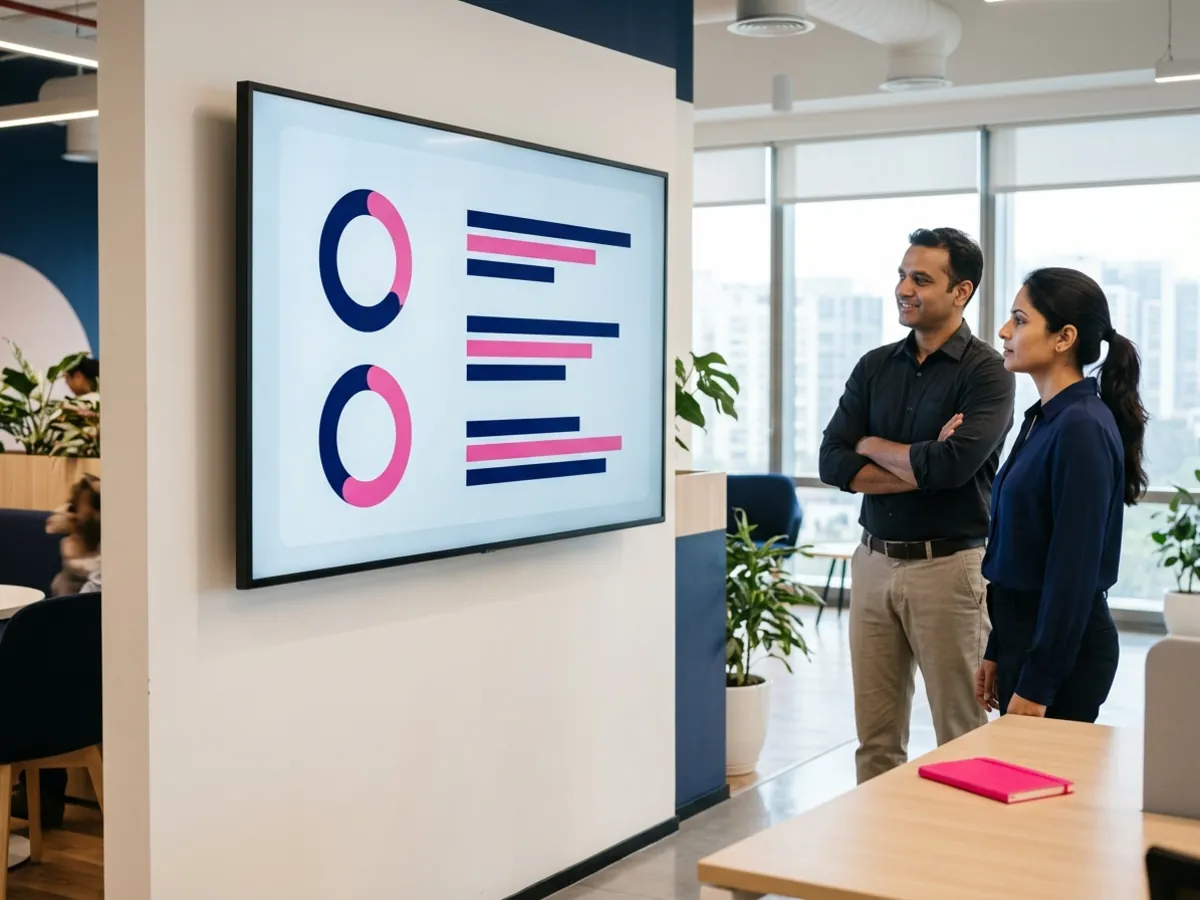 A compliance dashboard with simple charts on a large screen