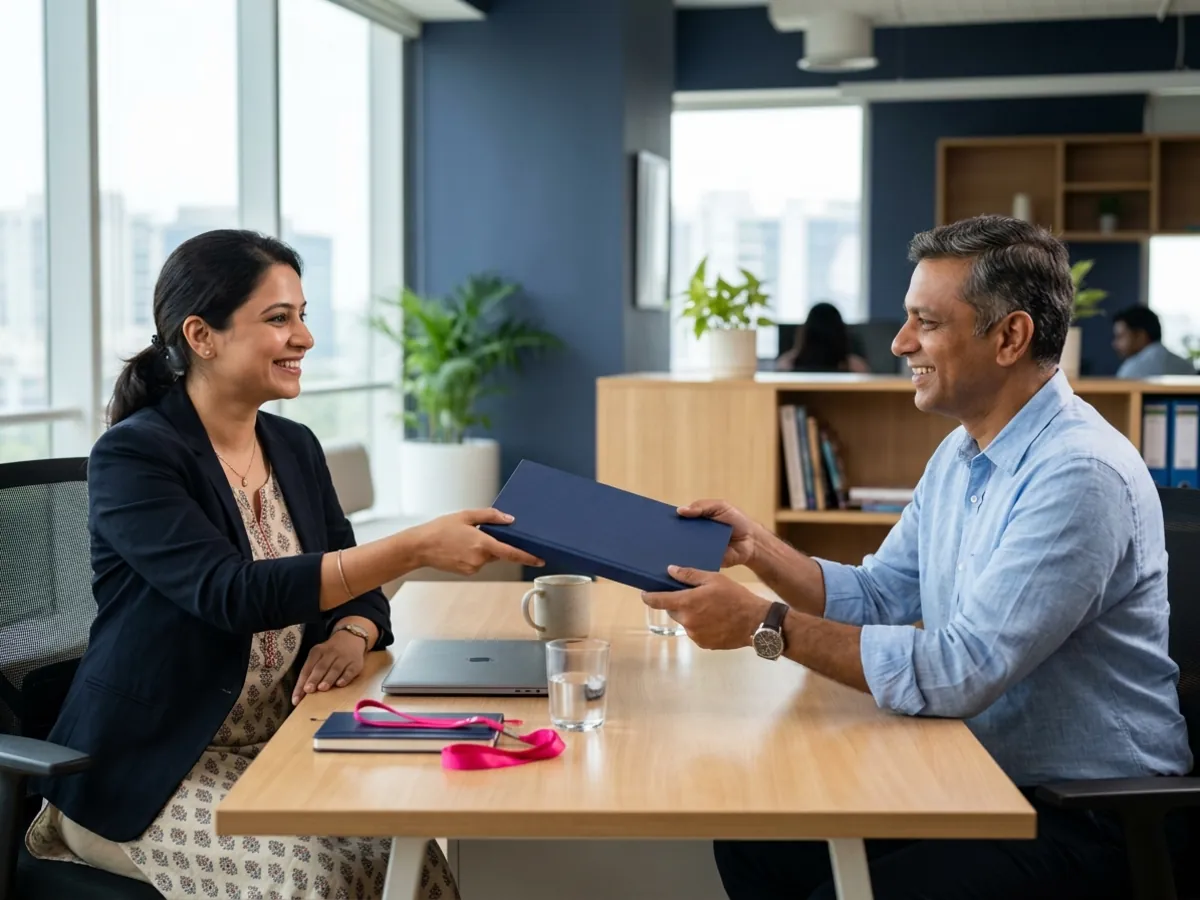 A consultant hands over a bound document to a client
