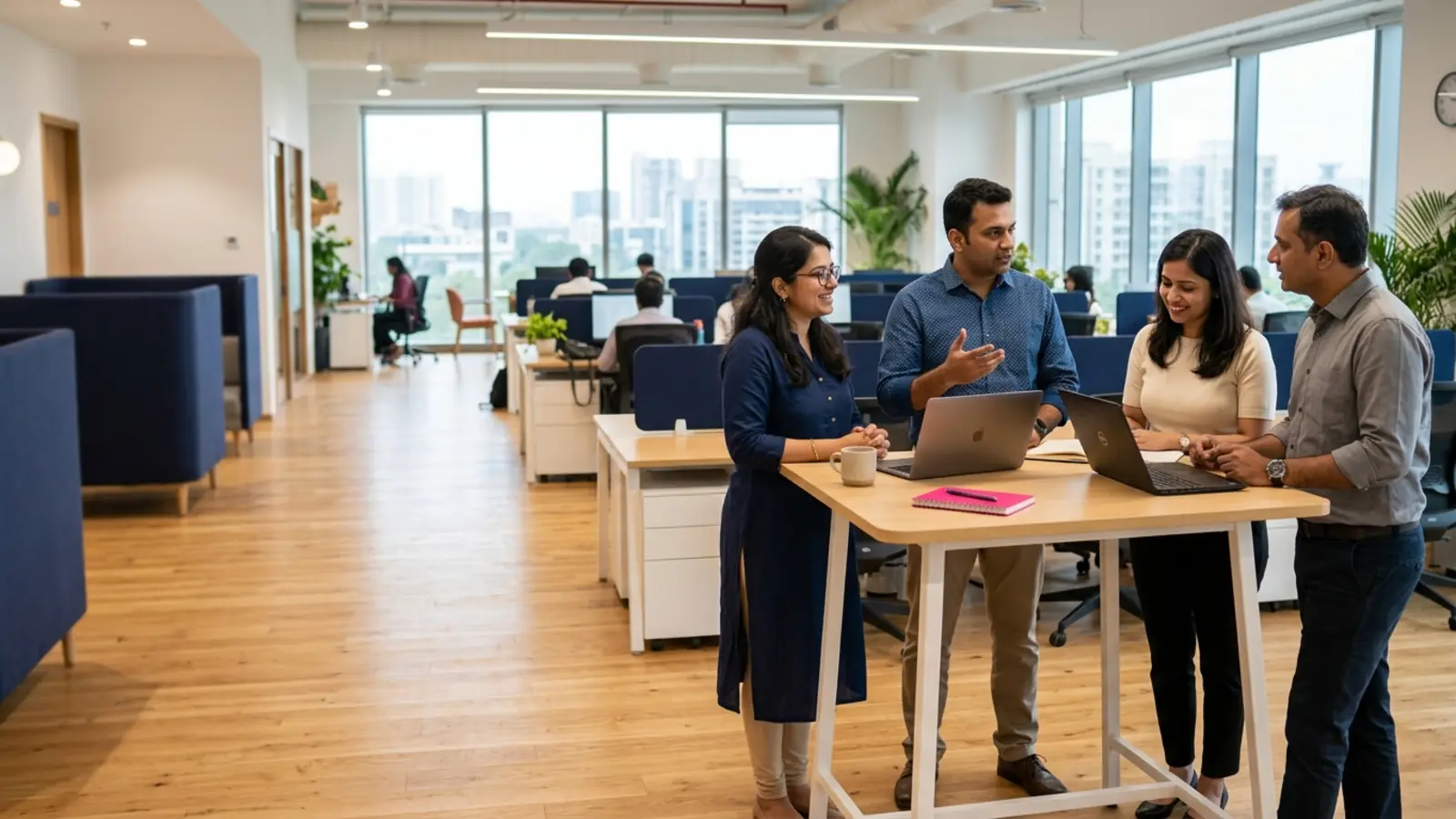 A bright open plan office with a team in a huddle at a standing table
