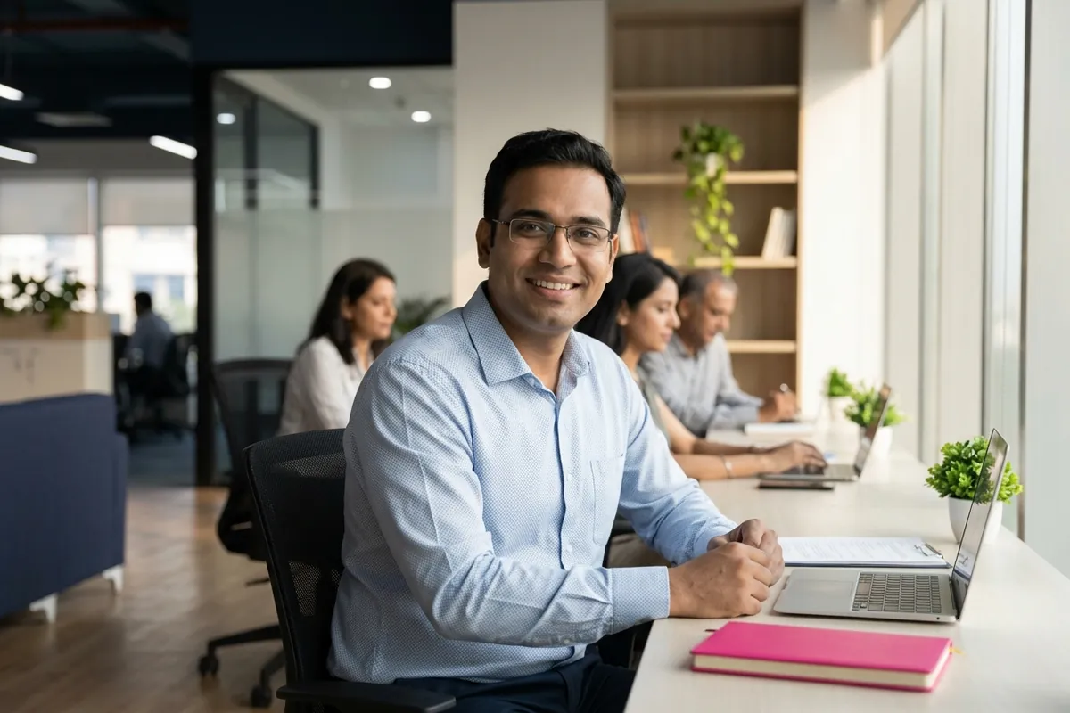 A friendly consultant smiles at the camera from his desk during a video call