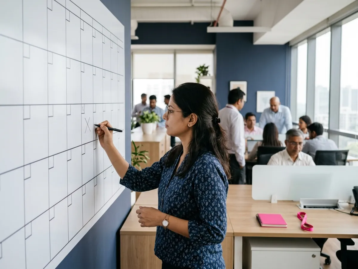 A finance manager marks a date on a large wall planner
