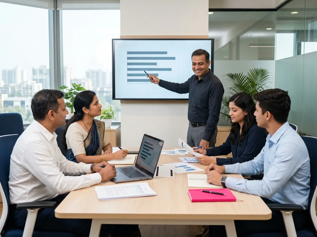 Consultants and a client team work together around a table with a laptop and printed documents