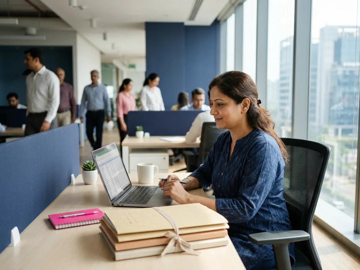 An HR manager reviews employee records on a laptop at a tidy desk