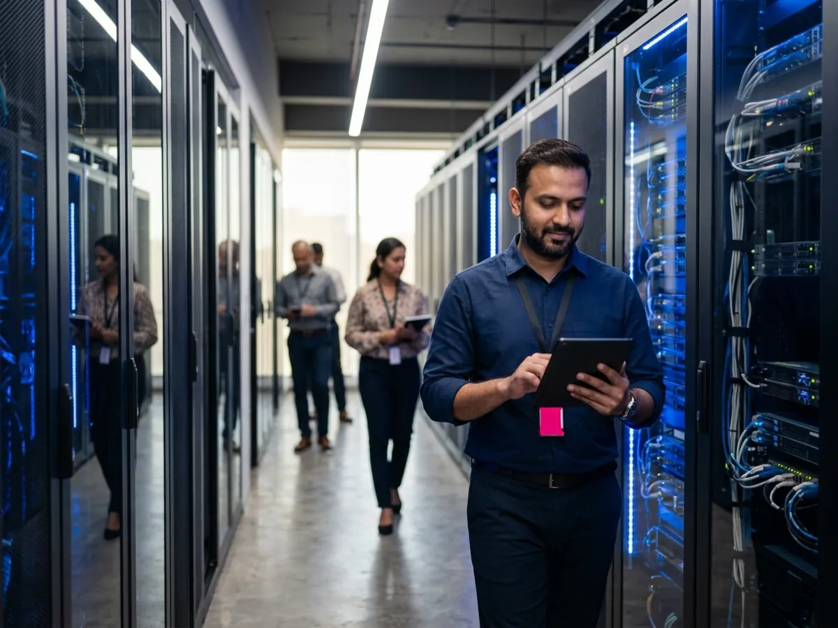 An IT security lead holds a tablet in a server room corridor