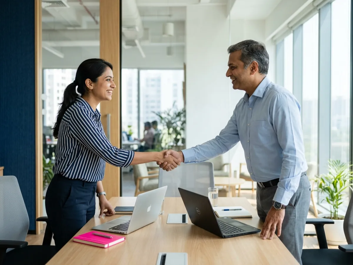 Two professionals shake hands across a desk at a first meeting