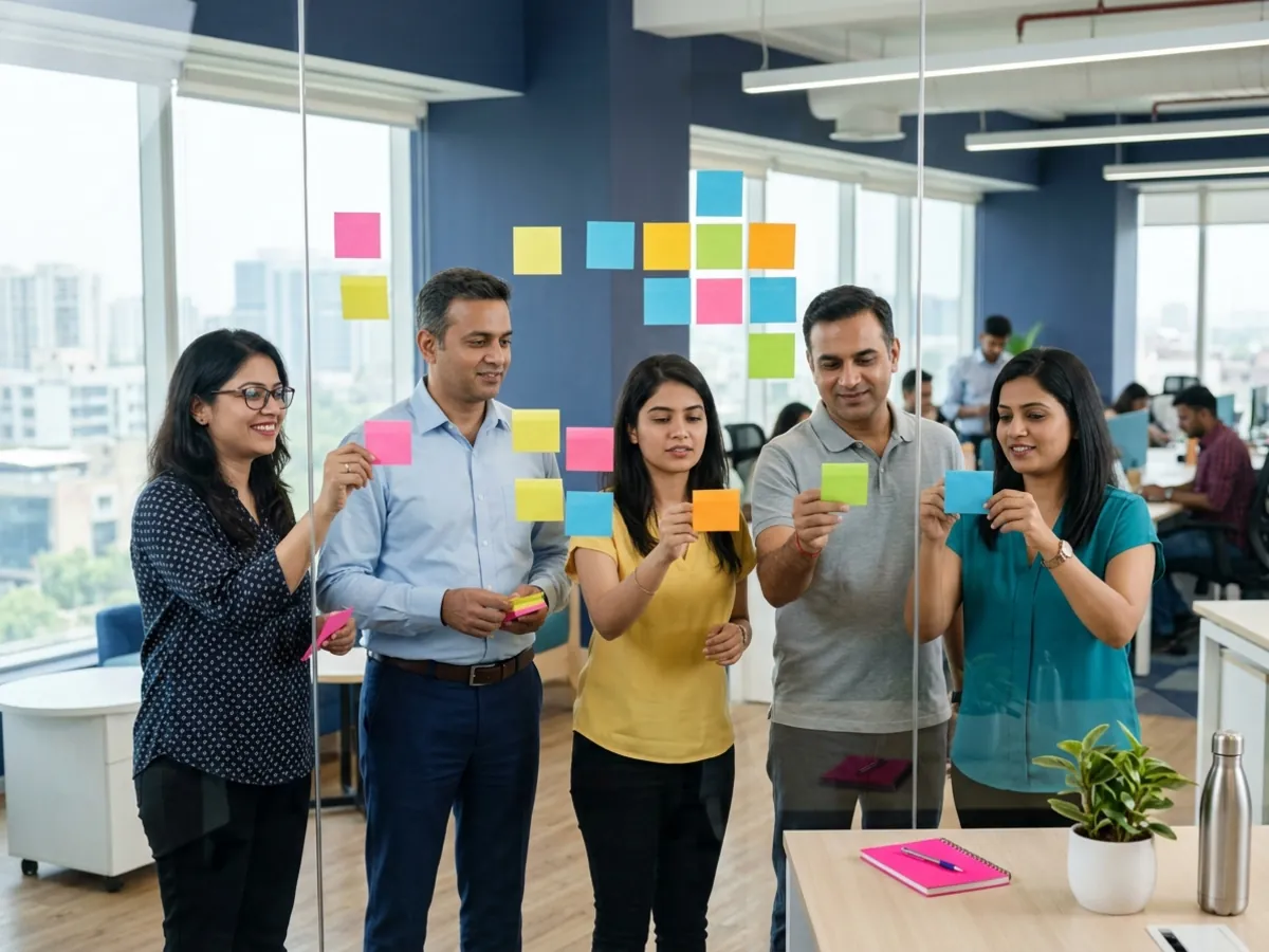 A workshop team places colourful sticky notes on a glass wall