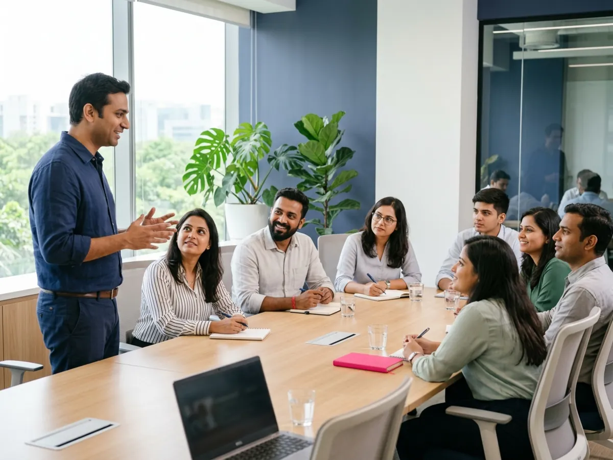 A consultant explains to a small group of employees around a table