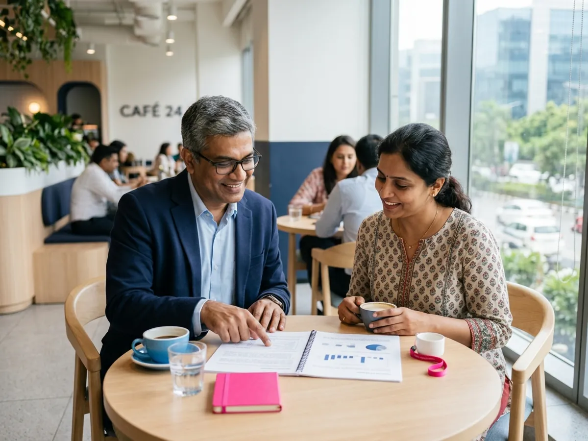 A compliance lead and a client review a report together over coffee