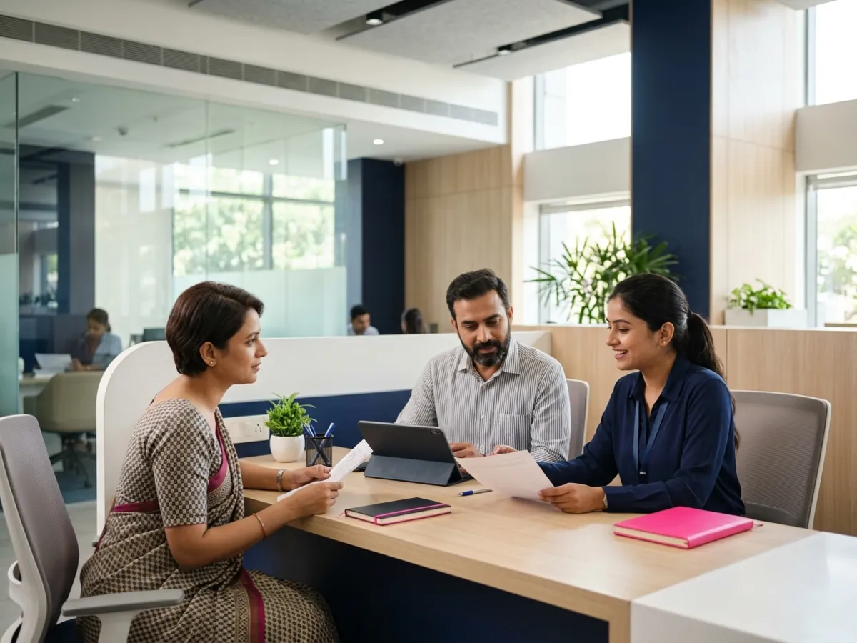 Bank branch staff at work behind a modern counter