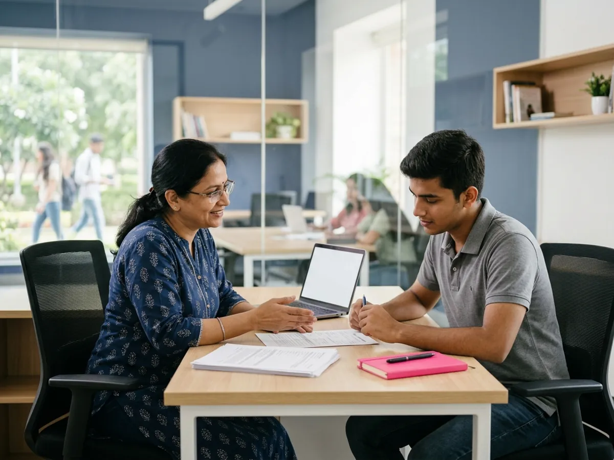 A university administrator helps a student with paperwork