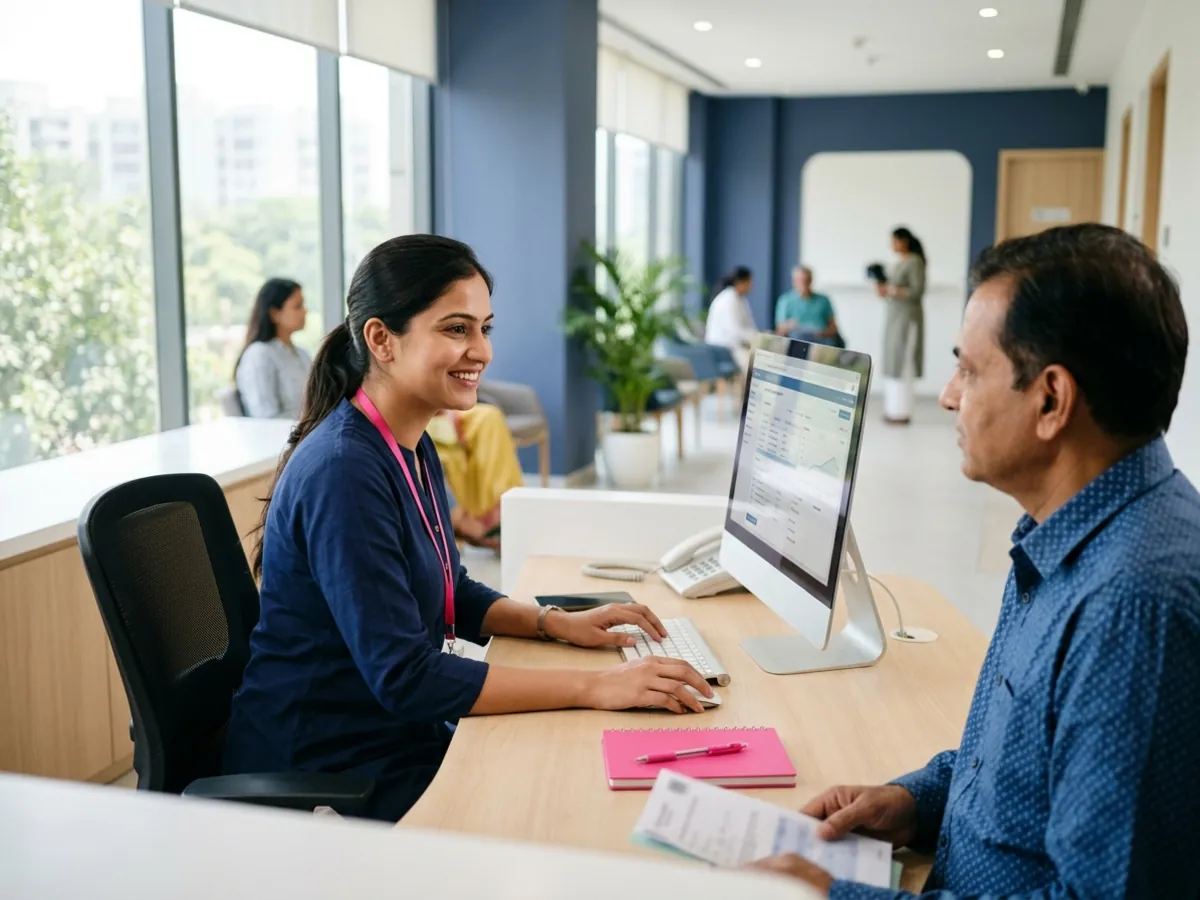A clinic receptionist checks in a patient at a bright front desk