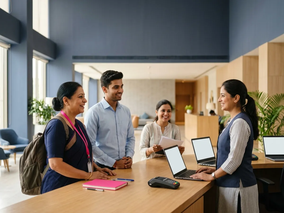 A hotel front desk team welcomes a guest