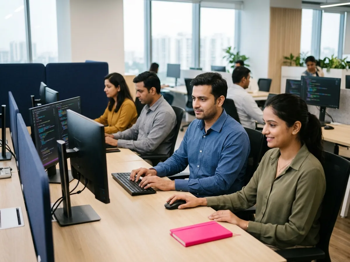 A software team works at desks with code on screens