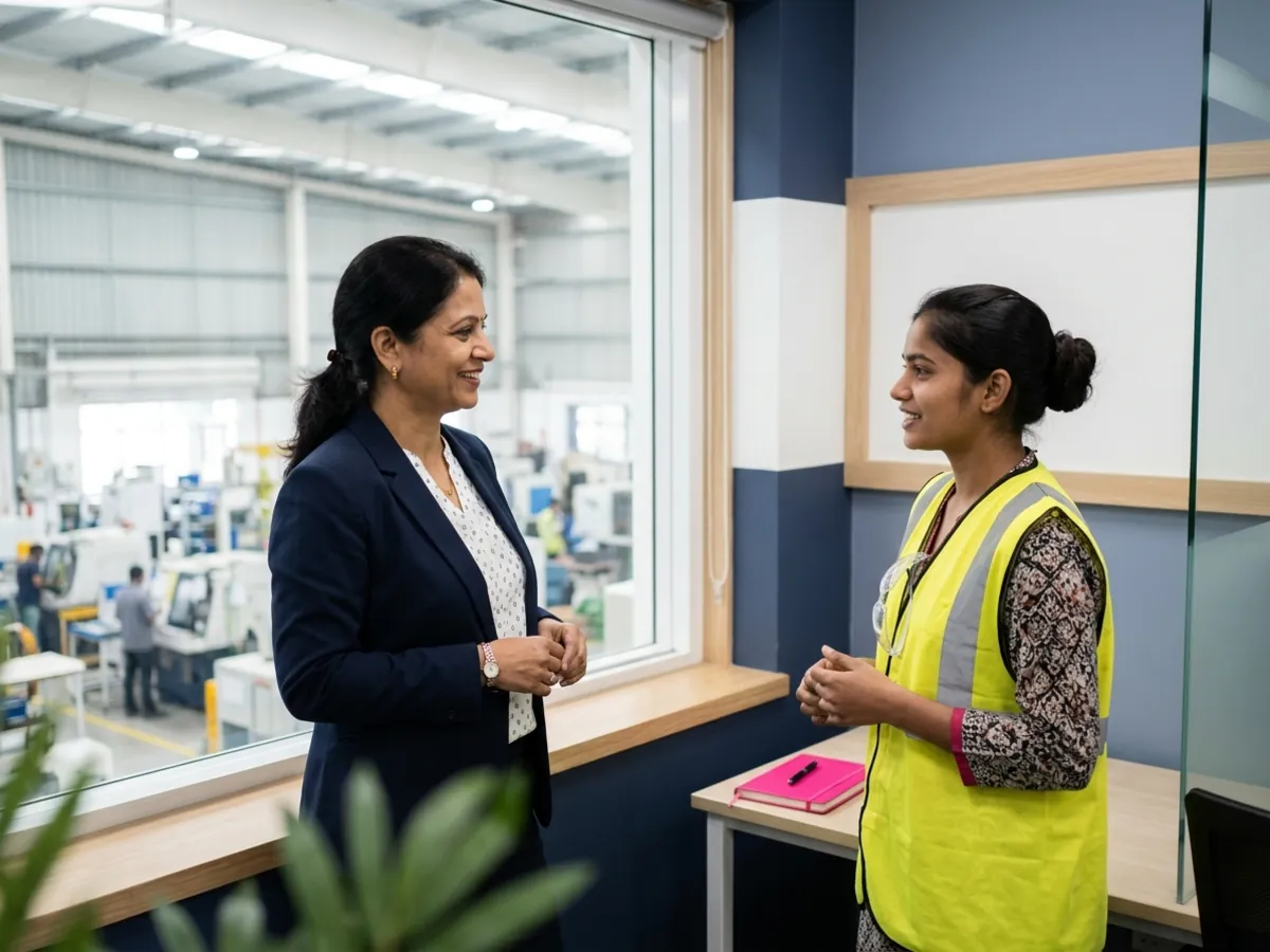 A factory HR office with a manager and a worker in a hi-vis vest