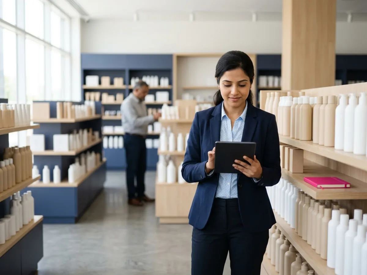 A retail store manager checks stock on a tablet