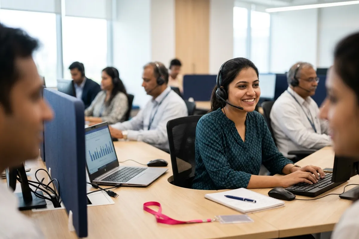 A support agent with a headset smiles while helping a customer