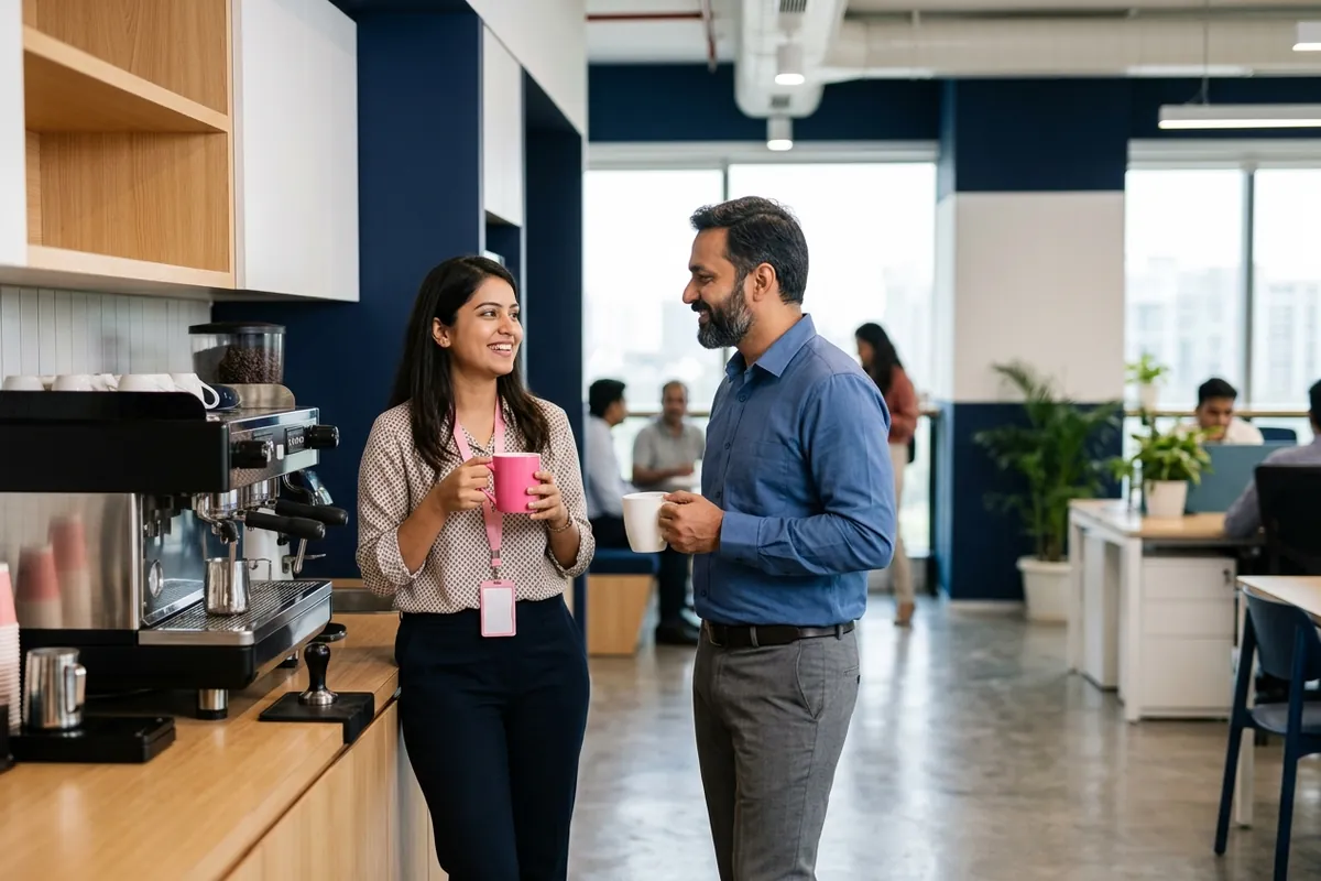 Two colleagues chat by the office coffee machine