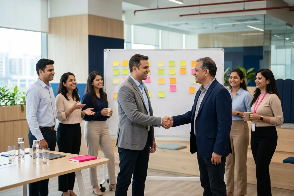 A consultant and a client team shake hands after a workshop