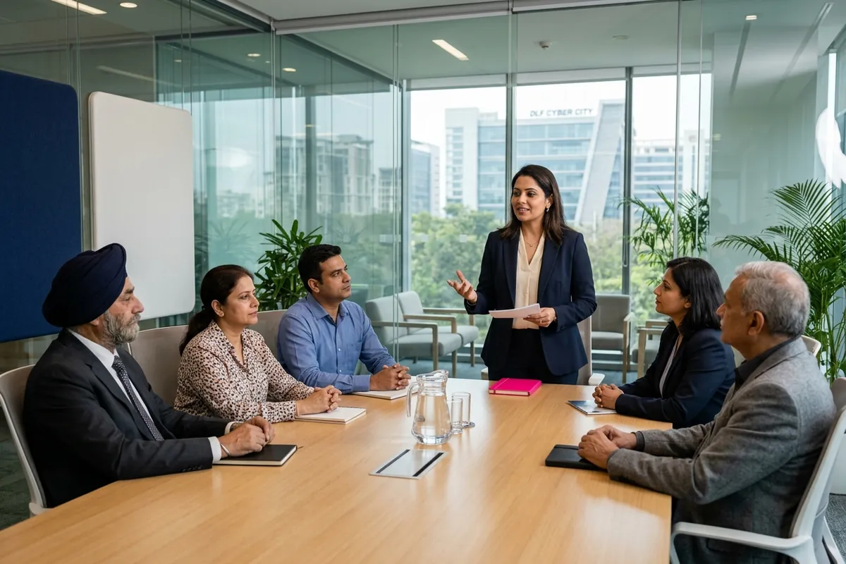 A leader briefs the board in a glass boardroom