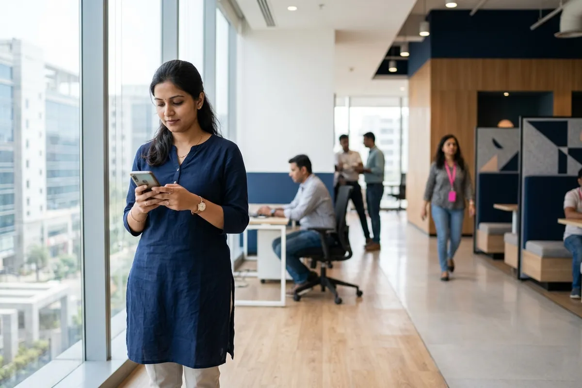 An employee reads a notice on her phone in an office lobby