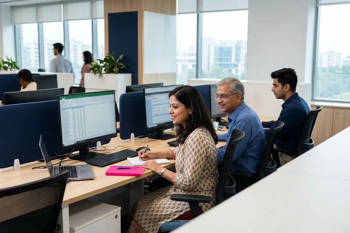 A payroll team works together at screens