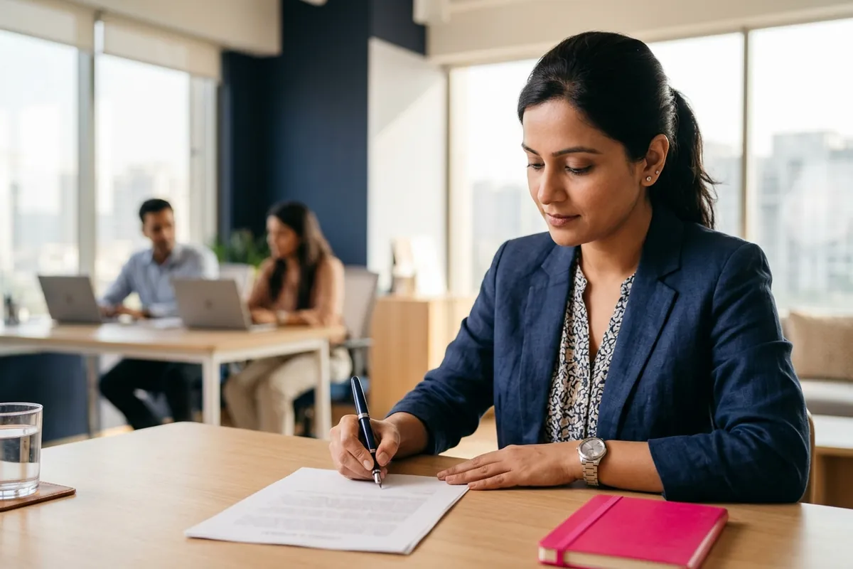 A hand signs a document with a pen