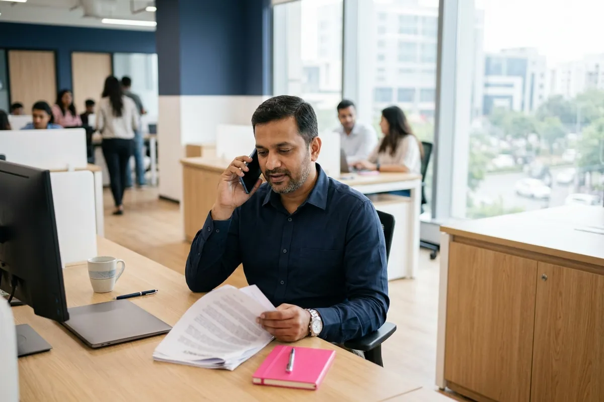 A manager reviews a contract while on the phone