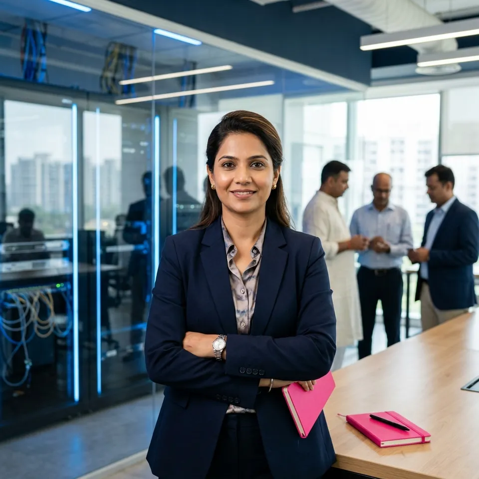 Portrait of a Chief Information Officer in front of a data centre wall