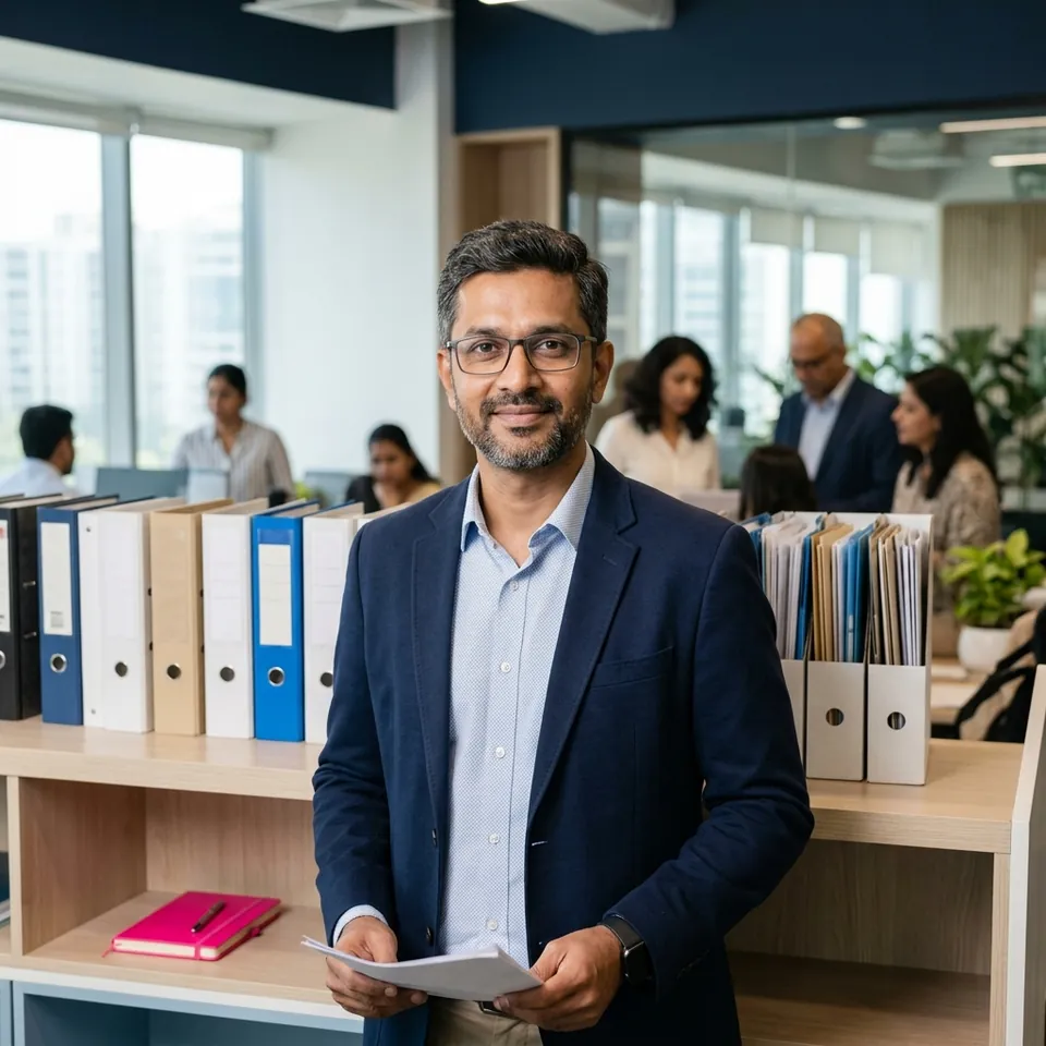 Portrait of a compliance officer with folders behind him