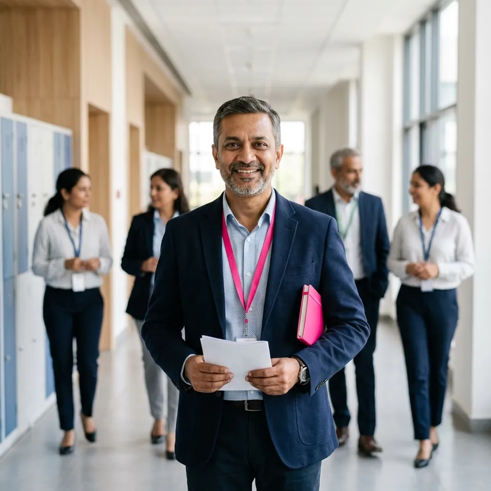 Portrait of a school principal in a school corridor