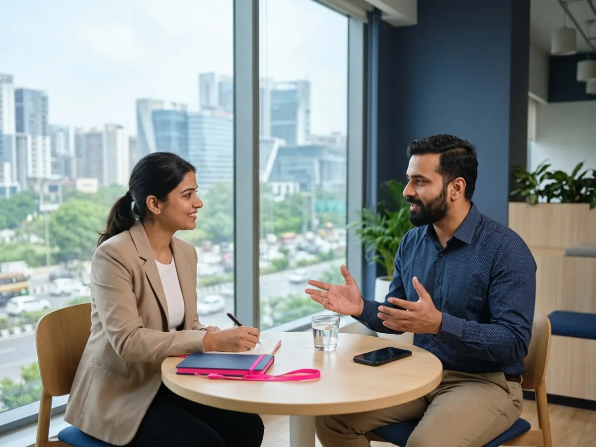 Two professionals talk one to one at a small table by a window