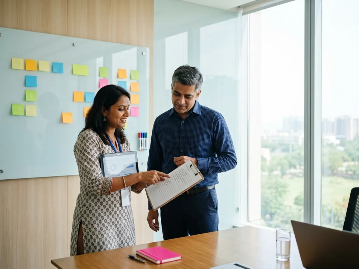 A consultant walks a client through a printed checklist in a meeting room