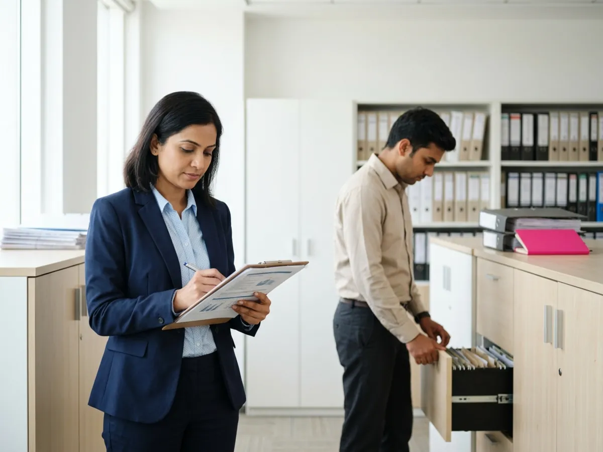 An auditor checks items on a clipboard while a colleague opens a filing cabinet