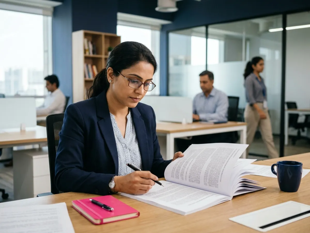 A compliance professional reviews a printed policy document with a pen