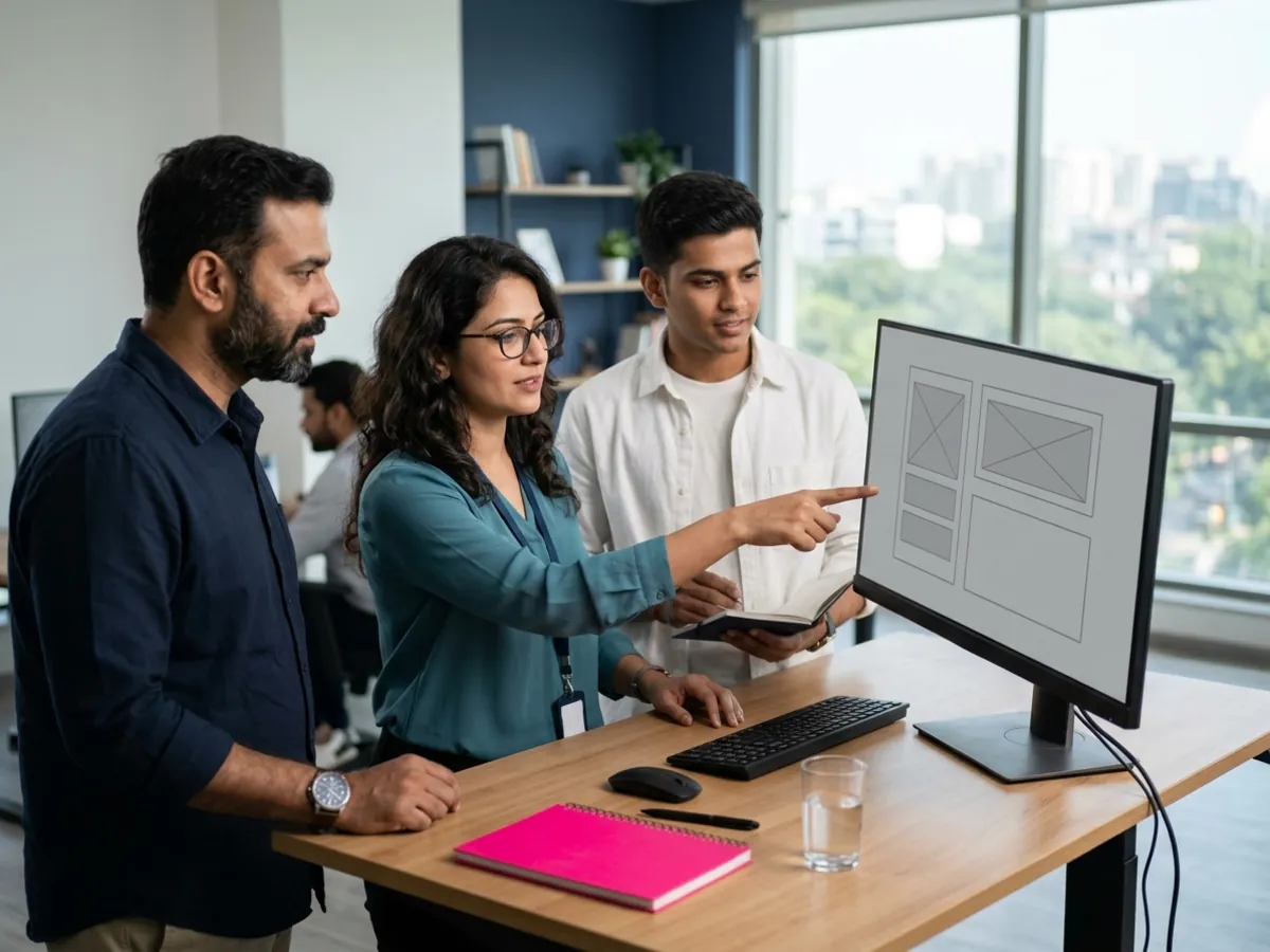 A product team looks at a large monitor showing simple app wireframes