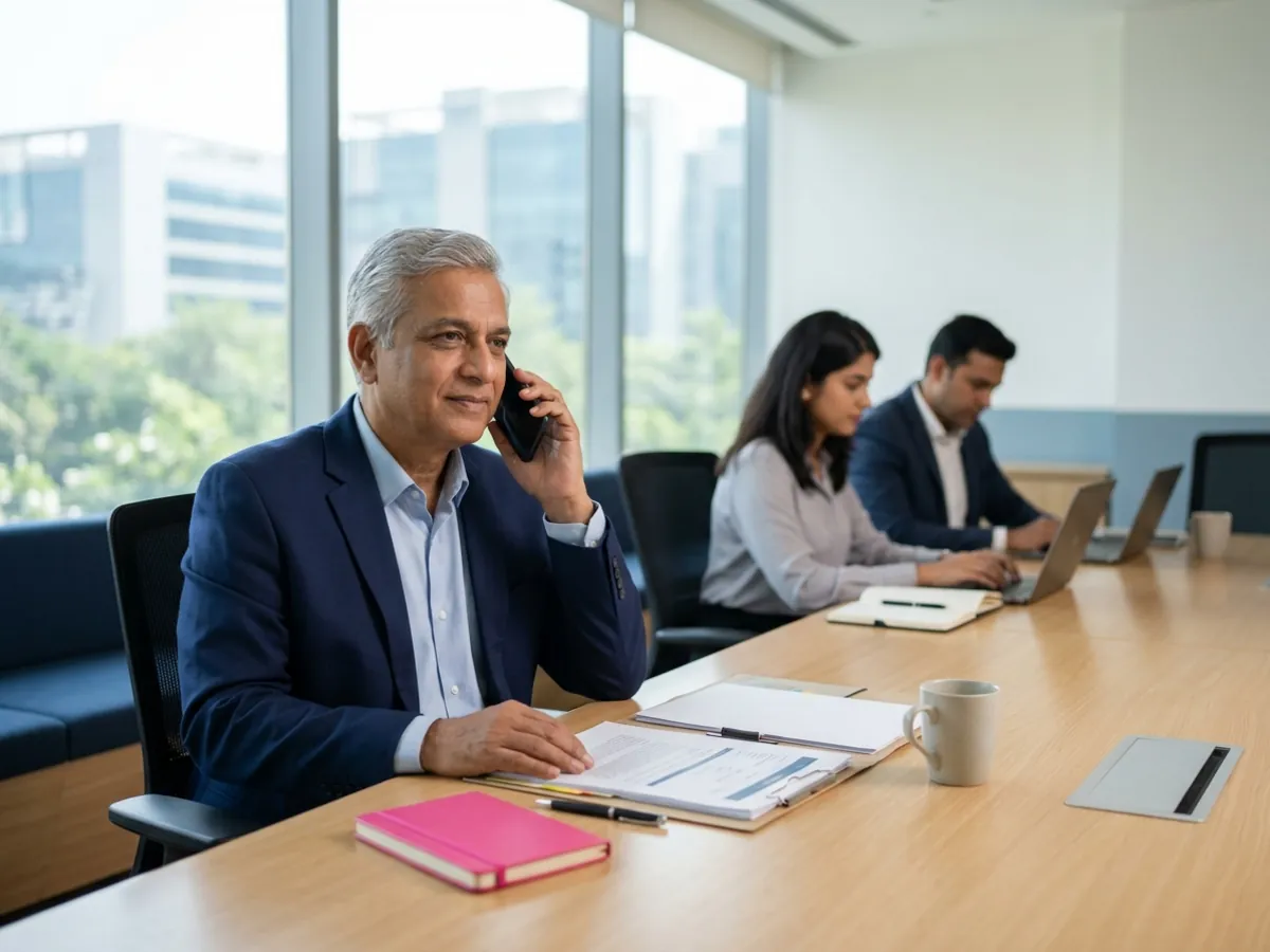 A senior executive takes a calm phone call in a quiet meeting room with documents in order