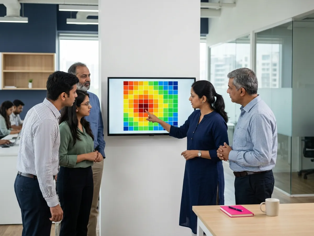 A team studies a colourful heat map grid on a screen