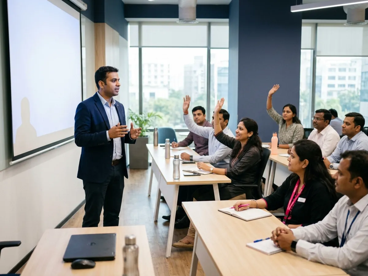 A trainer stands before a room of employees, a few hands raised